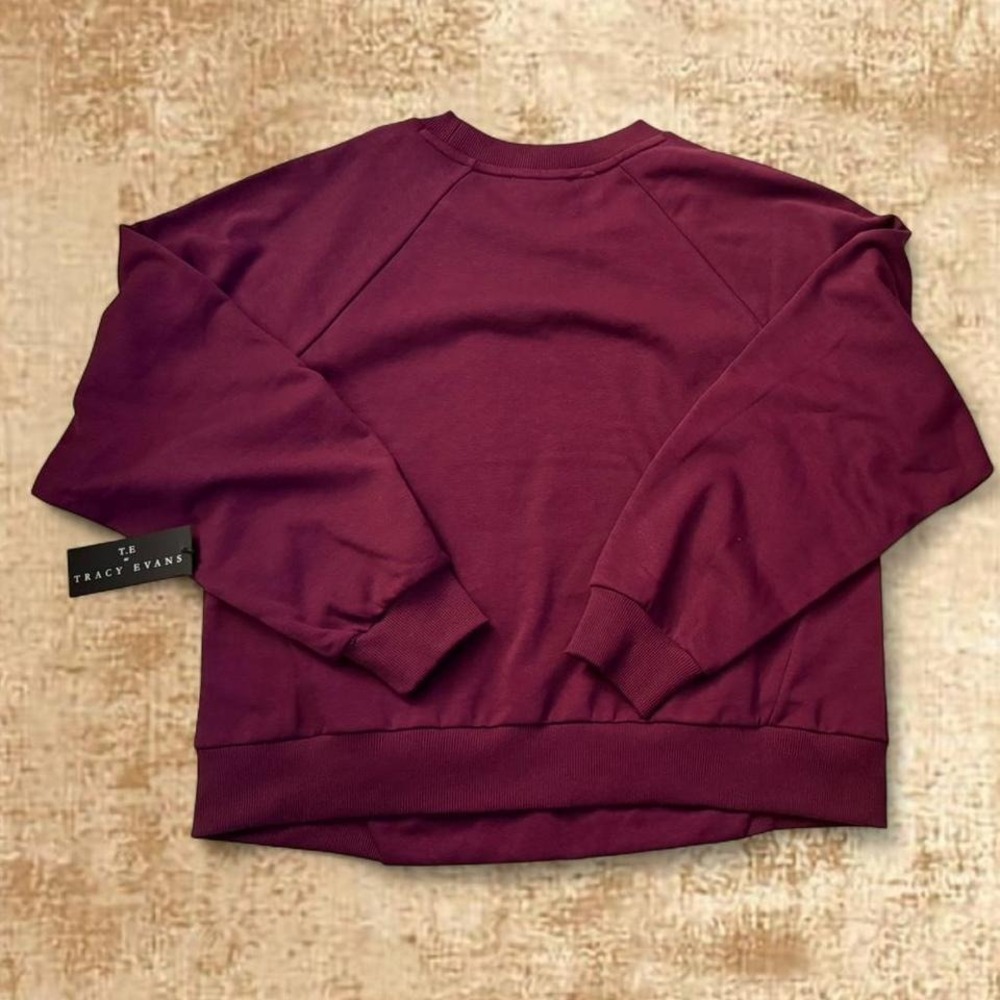Plum embroidered crewneck Floral stitch + lace trim Size M - Picture 2 of 6